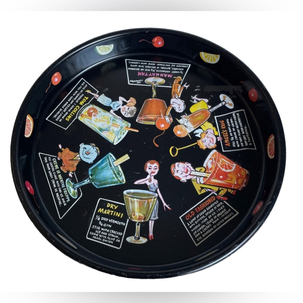 Vintage Metal Serving Tray with Cocktail Bar Recipes Joe Carpenter Cartoons